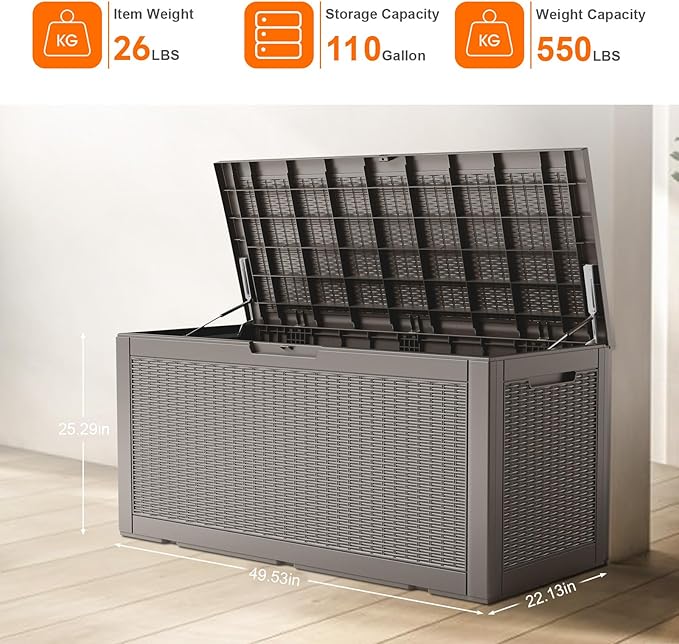 ROJIK Outdoor Storage Housing Deck Box - Waterproof Patio Furniture, Garden Tools, Cushions, Pool Accessories Storage Bench with Lockable Lid and Side Handles (Grey 110 Gal)