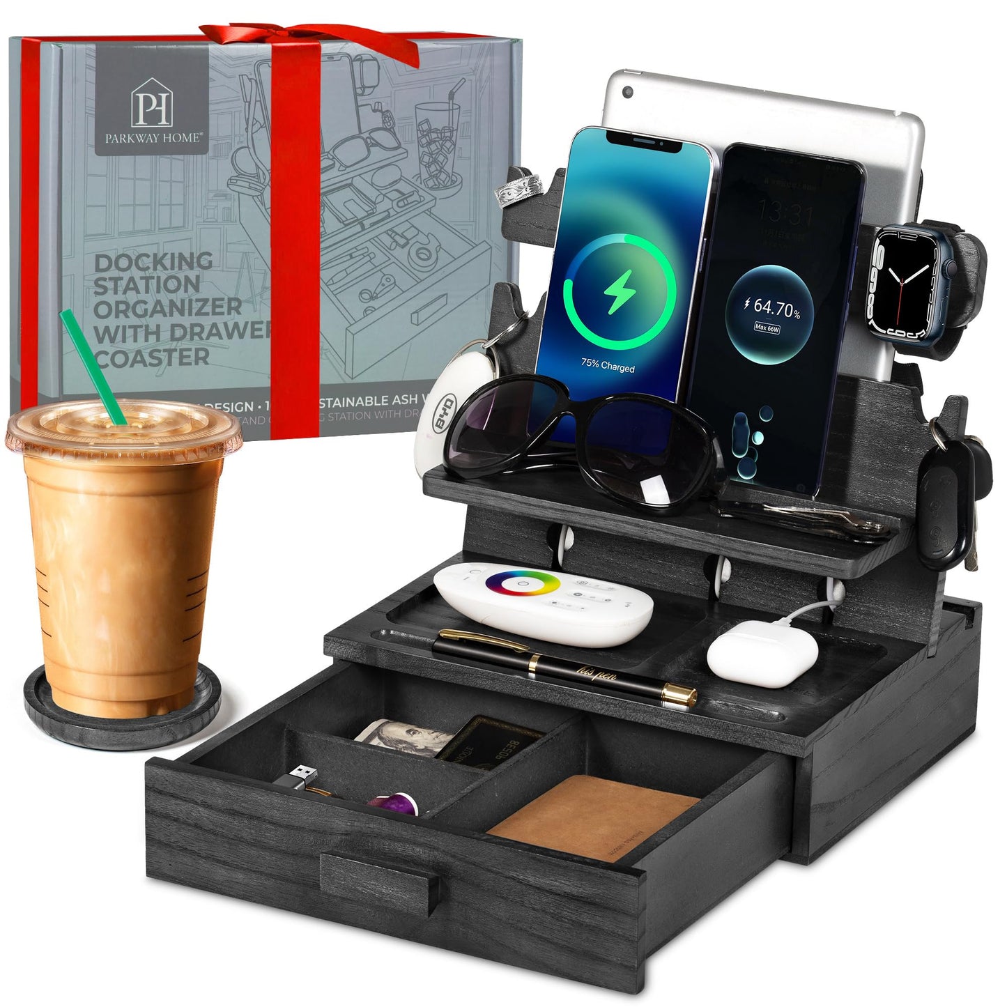 Black Wood Phone Docking Station for up to 3 Phones - Nightstand Organizer with Drawer for Valuables for Men & Women, Compatible With Apple Watch, Holds Phones, Tablets, Keys, Rings, Glasses, EDC