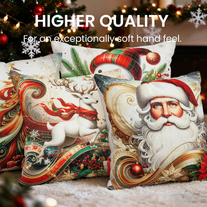 Harraca Christmas Throw Pillow Covers 18x18 Set of 4 Winter Holiday Decorative Pillowcase Reindeer Snowman Christmas Tree Santa Farmhouse Home Decor for Sofa Couch Cushion