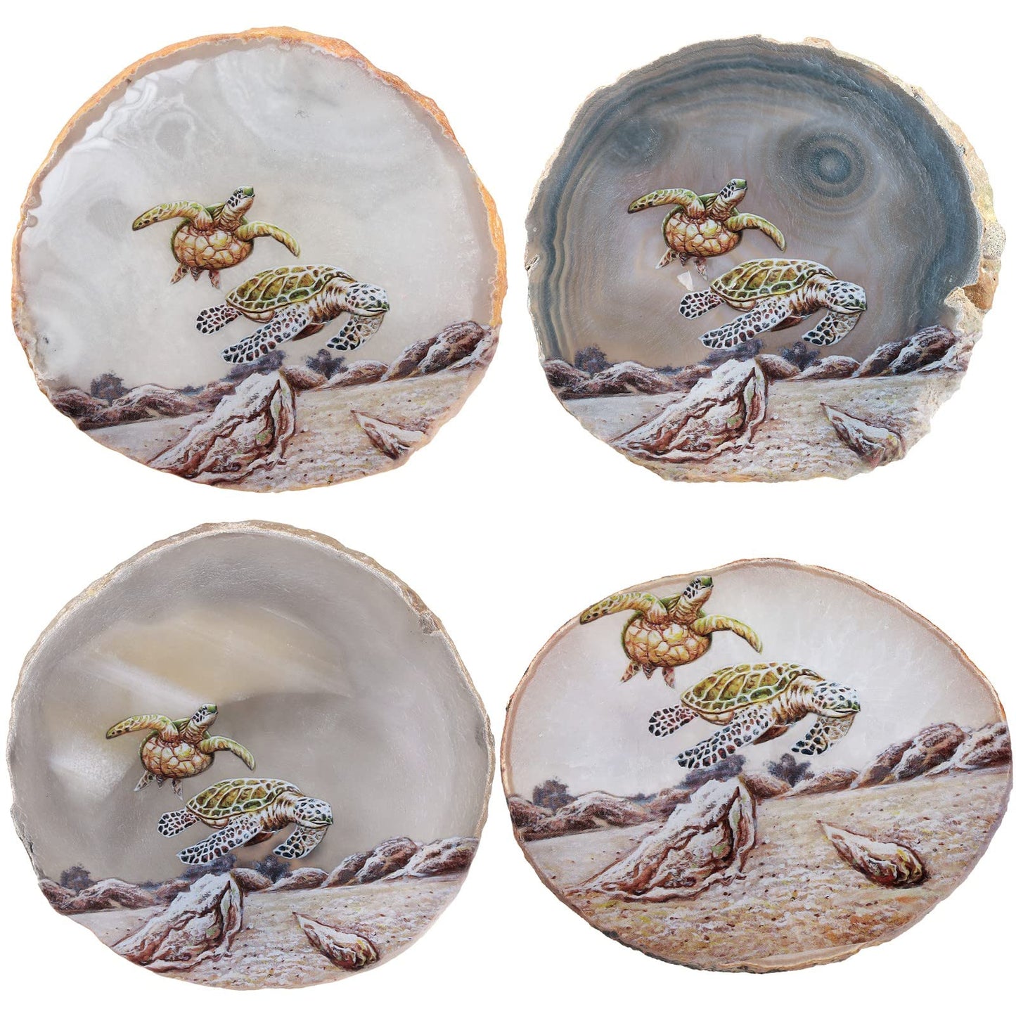 TUMBEELLUWA Natural Irregular Agate Slice Painting Decor with Wooden Stand Agate Geode Slab for Desk Hallway, Sea Turtle