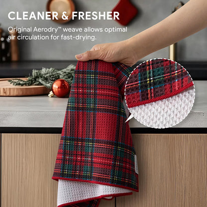 RECYCO Christmas Waffle Kitchen Towel Set of 2 - Quick Dry Microfiber Sustainable Dish Towels - Ultra Absorbent Reusable Cleaning Tea Towels - Lightweight Hand Towels,16”x 28”, Stewart Plaid Red