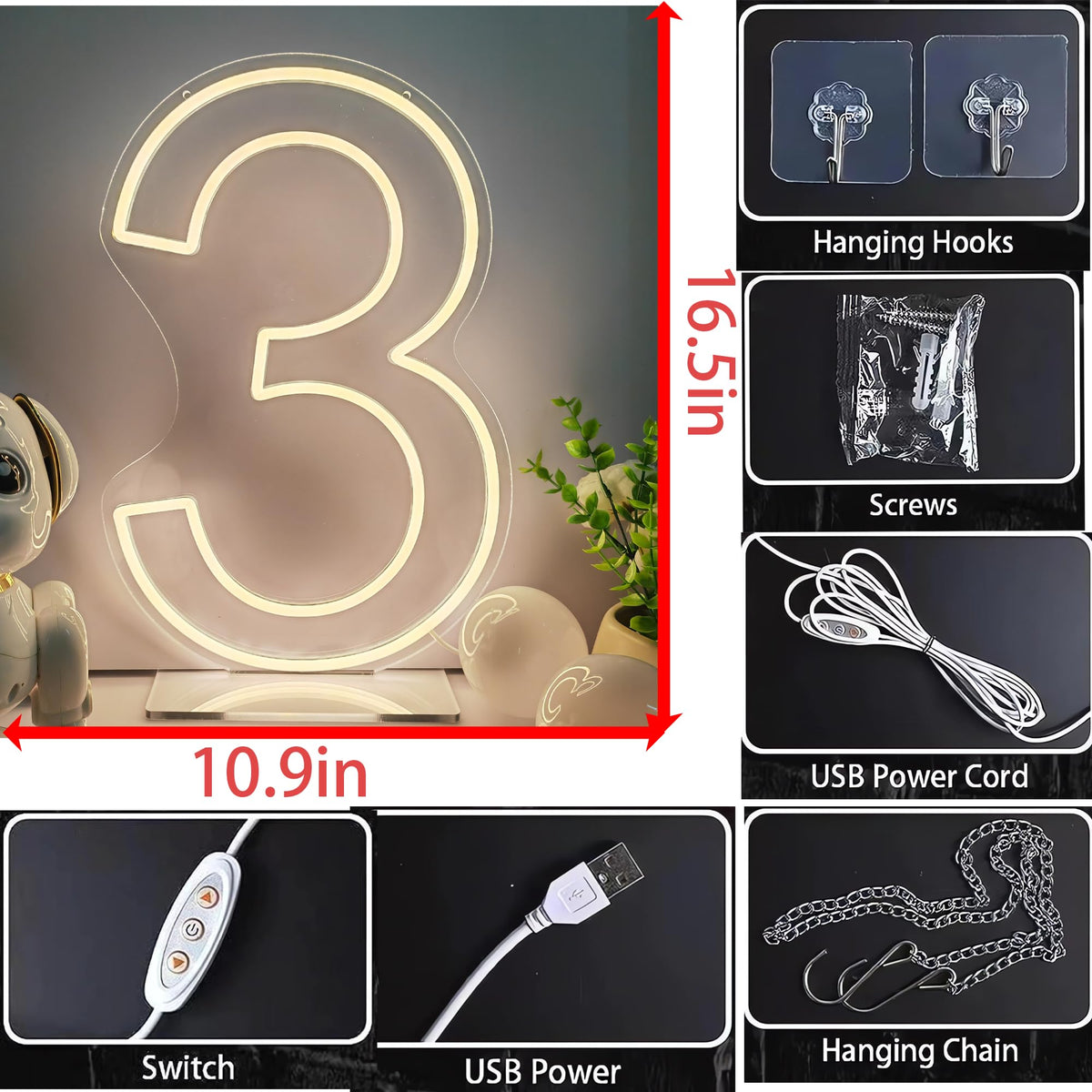 Neon Signs Number 3 Birthdays Decor Neon Lights Party USB Plus Battery Case Light up your baby's birthday with our Neon Number Three Sign (Number 3-Warm White)