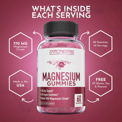 Magnesium Gummies - 770 MG Magnesium Citrate - Promotes Calmness & Improves Sleep. Helps Muscles Recover & Relieves Cramps - 60 Vegan Gummies