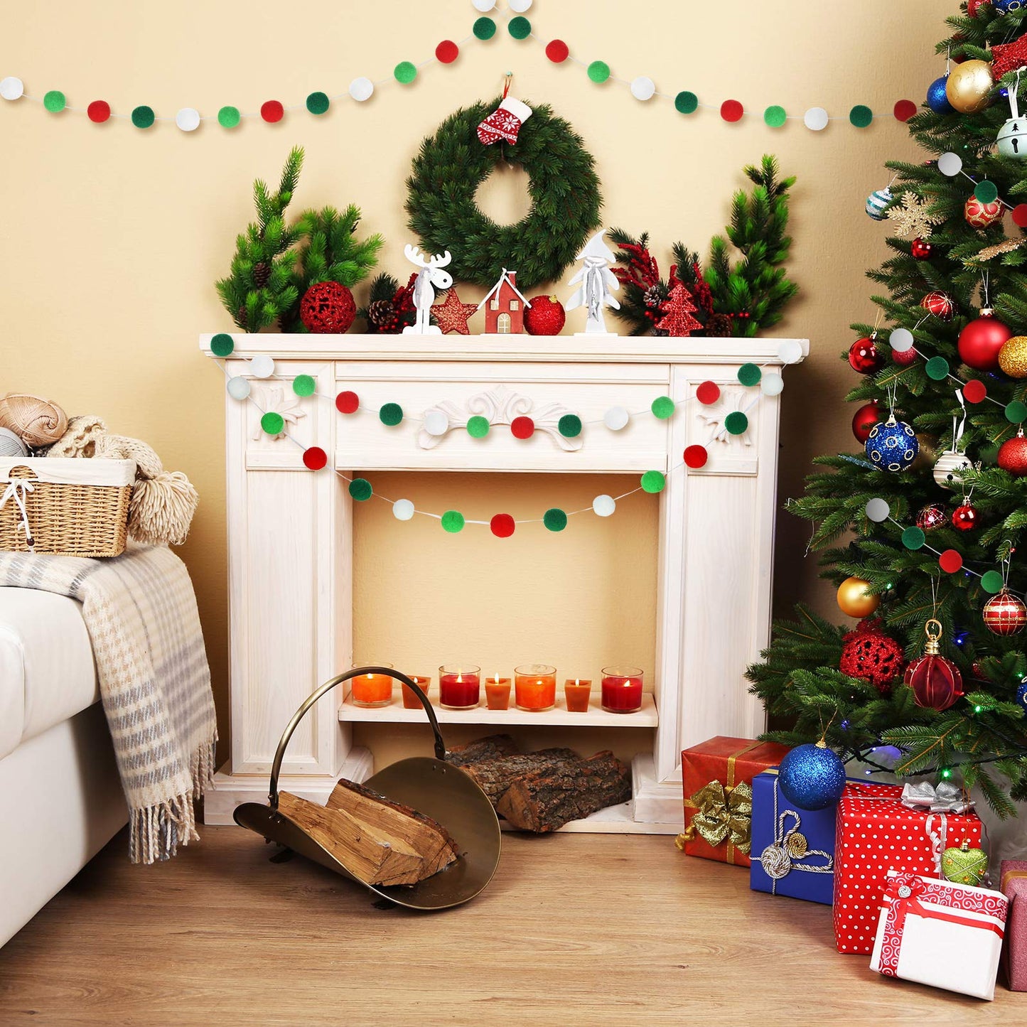 WILLBOND 4 Pack 39.4 ft Christmas Pom Pom Garlands Decorations with 128 Pcs Red Green White Felt Balls Hanging Garlands for Xmas Party Tree Ornaments Home Wall Supplies