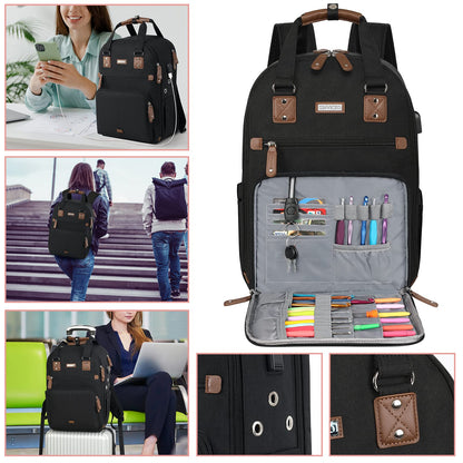 Crochet Bag Backpack,Knitting Bag Backpack and Totes Organizer with USB Charging Port, Large Yarn Storage Tote Bag Yarn Holder Case for Knitting Needles, Crochet Hooks,fits 15.6 inch Laptop,Black
