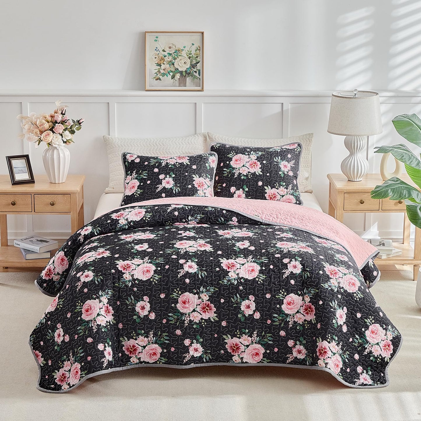 Floral Quilt Set 3 Pieces Queen Size Black Pink Flower with Green Leaves Soft Microfiber Lightweight Summer Reversible Coverlet Bedspread for All Season -1 Quilt 88*88 + 2 Pillow Shams