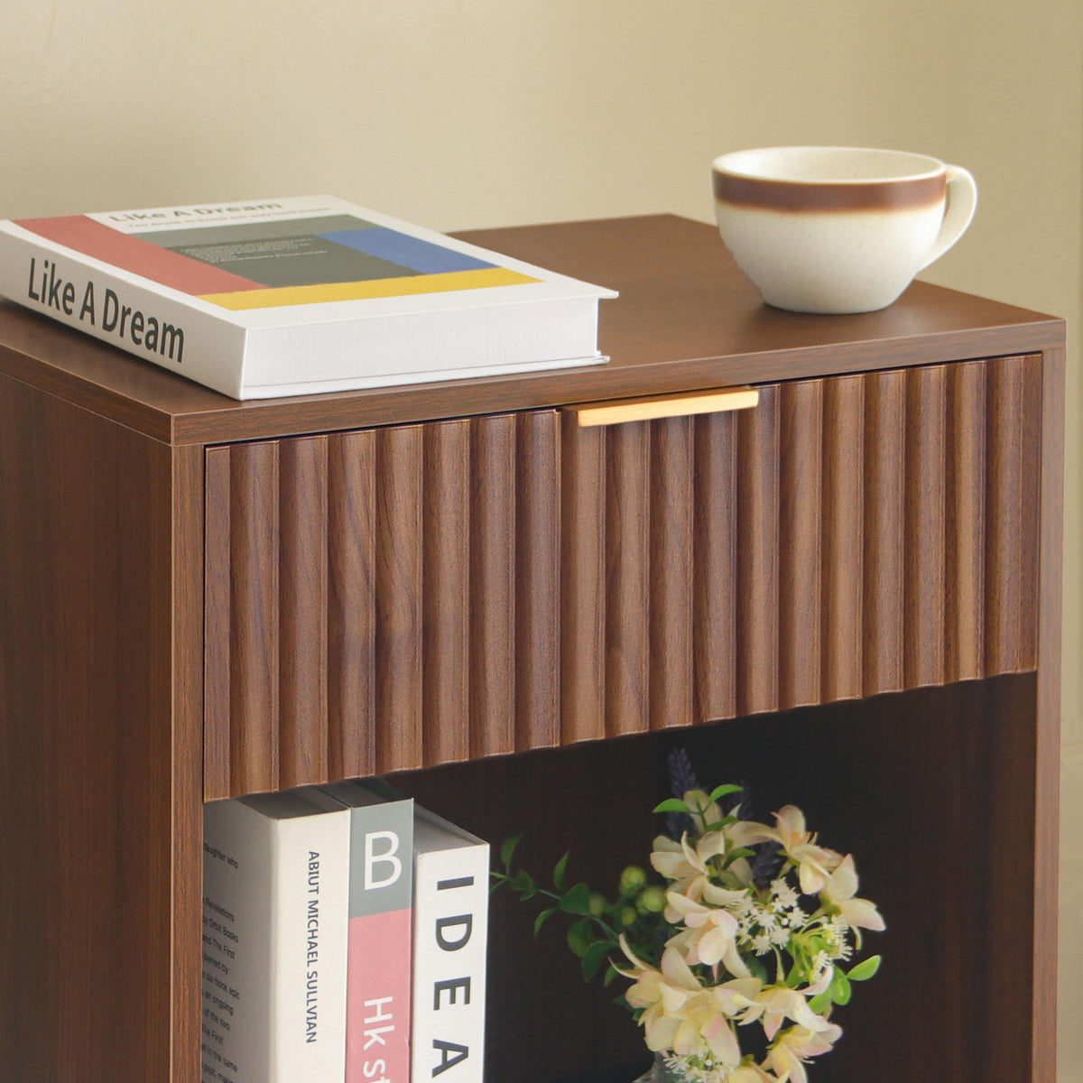 Fultyle Walnut Nightstand, Modern Night Stand with Fluted Drawer and Open Storage, Wooden Bedside Table with Solid Wood Legs for Bedroom, Living Room, Office (Walnut Brown)