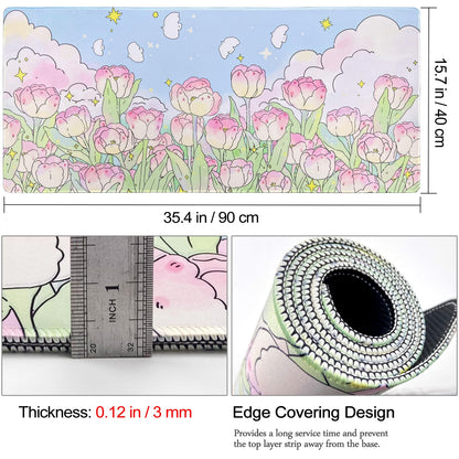 WSLUCKO Extended Large Gaming Mouse Pads Mat 35.4"x15.7"x0.12"(3mm Thick), Oversized Office Desk Mat with Stitched Edges (Cute Tulips)