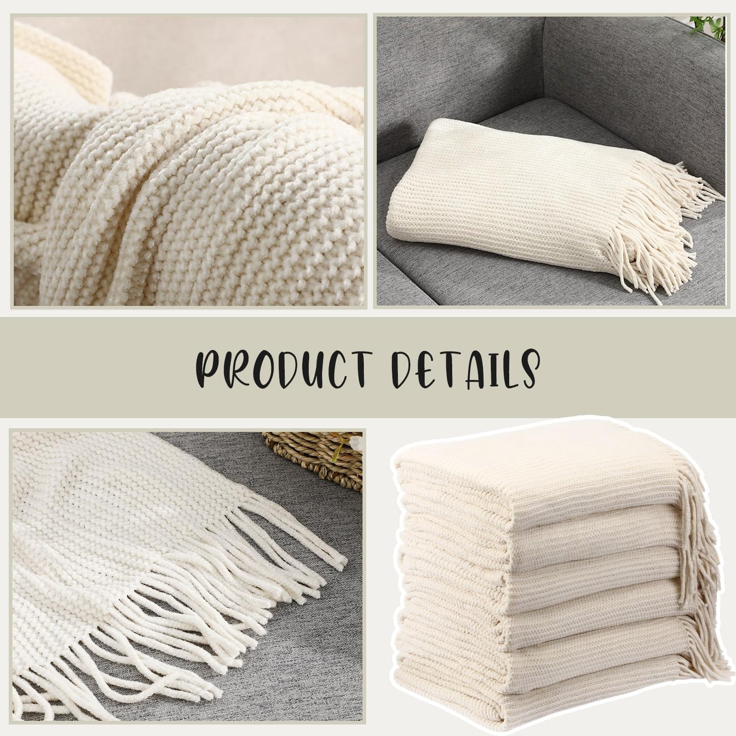 SmoothNovelty 6 Pcs Beige Boho Throw Blankets Bulk Cozy Knitted Bed Throw Blanket with Tassels Woven Textured Decorative Throw Blanket for Couch Room Sofa Bed Chair Acrylic Wave Pattern, 50" x 60"