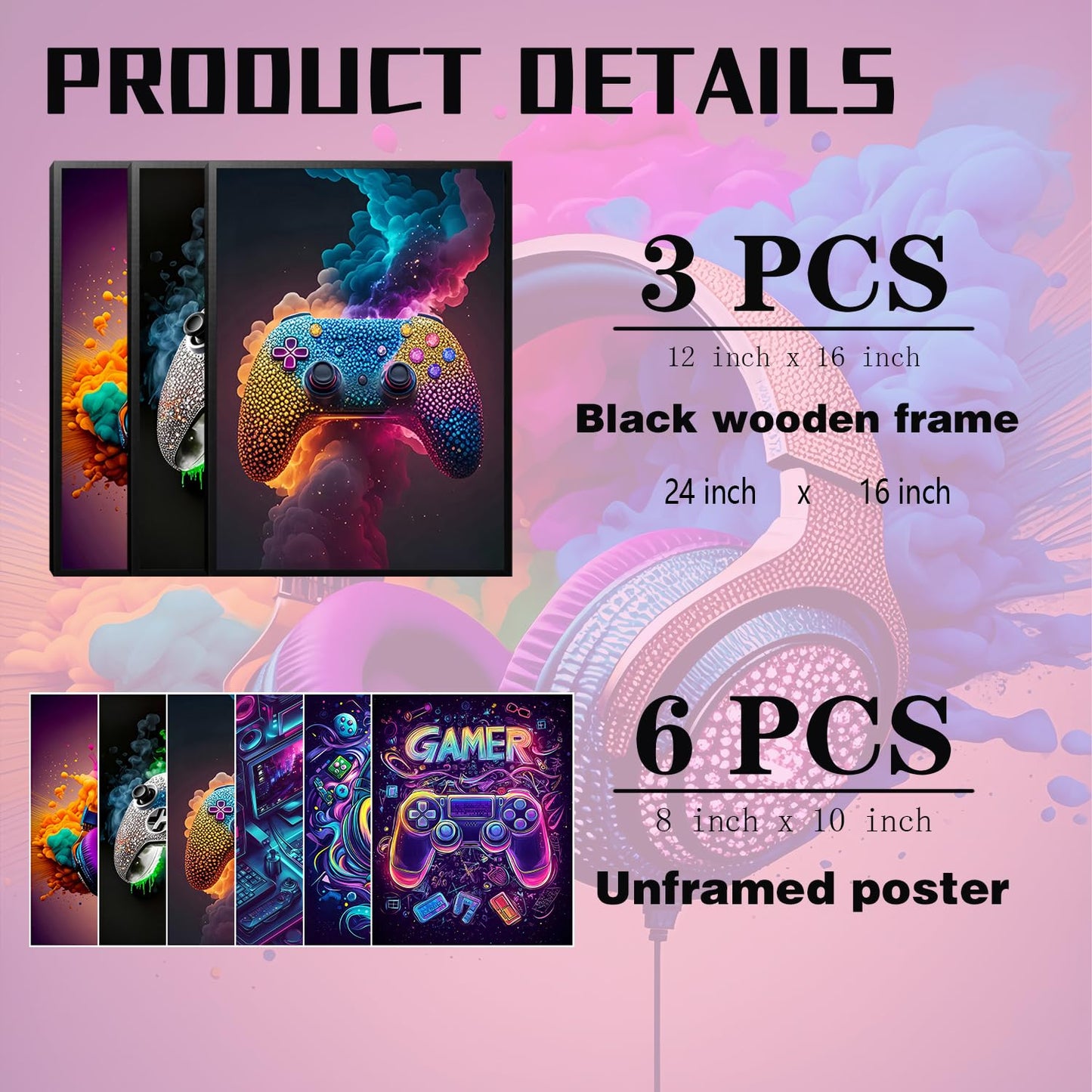 SEHSUVC Game Room Canvas Wall Art, 16x12inch 3-Piece set Wood Framed + 6 Pcs 8×10 Posters Prints, Neon Gaming Accessories Theme Gamer Wall Decor Gifts for Boys Youth Children Bedroom Home Decor