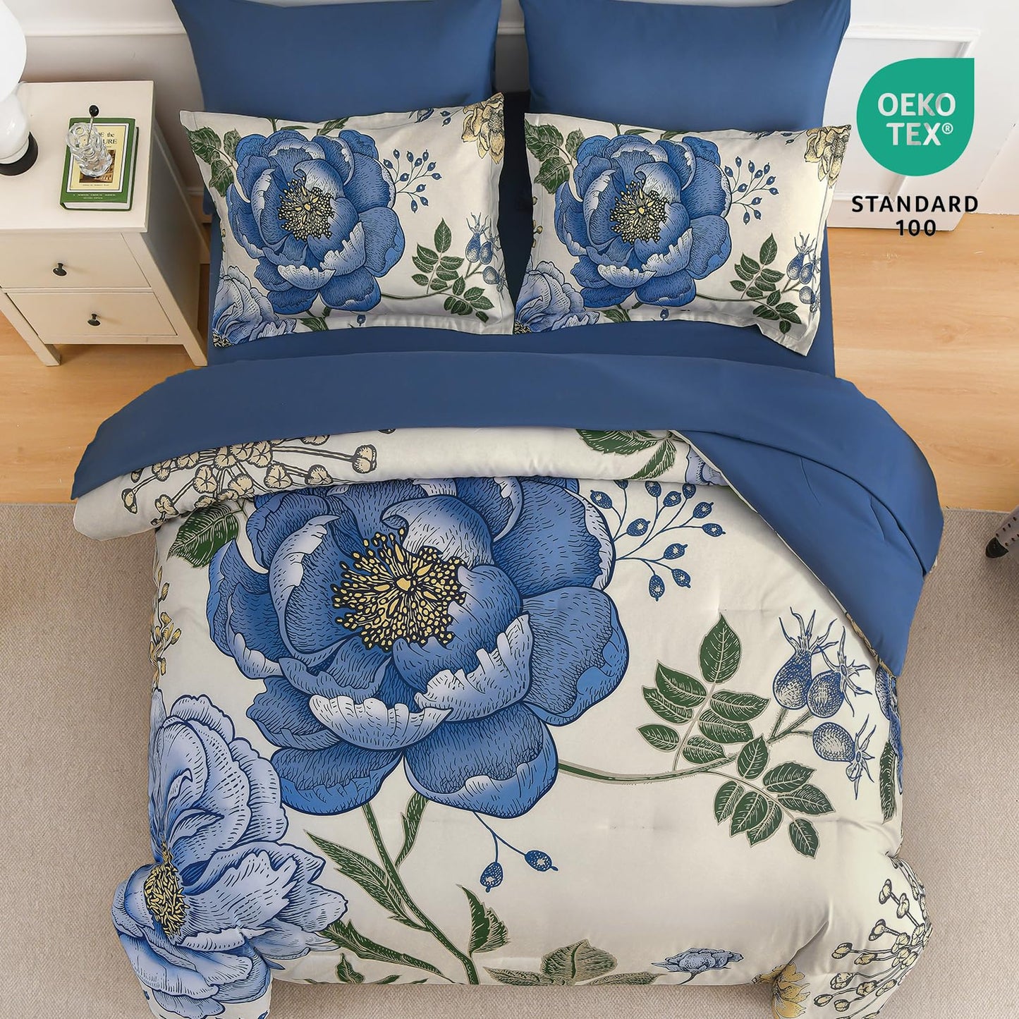 Luxudecor Beige Floral King Comforter Set 7 Pieces Bed in a Bag, Blue Flower Print on Beige Bedding Set,Soft Reversible Comforter with Sheets 104"x90"