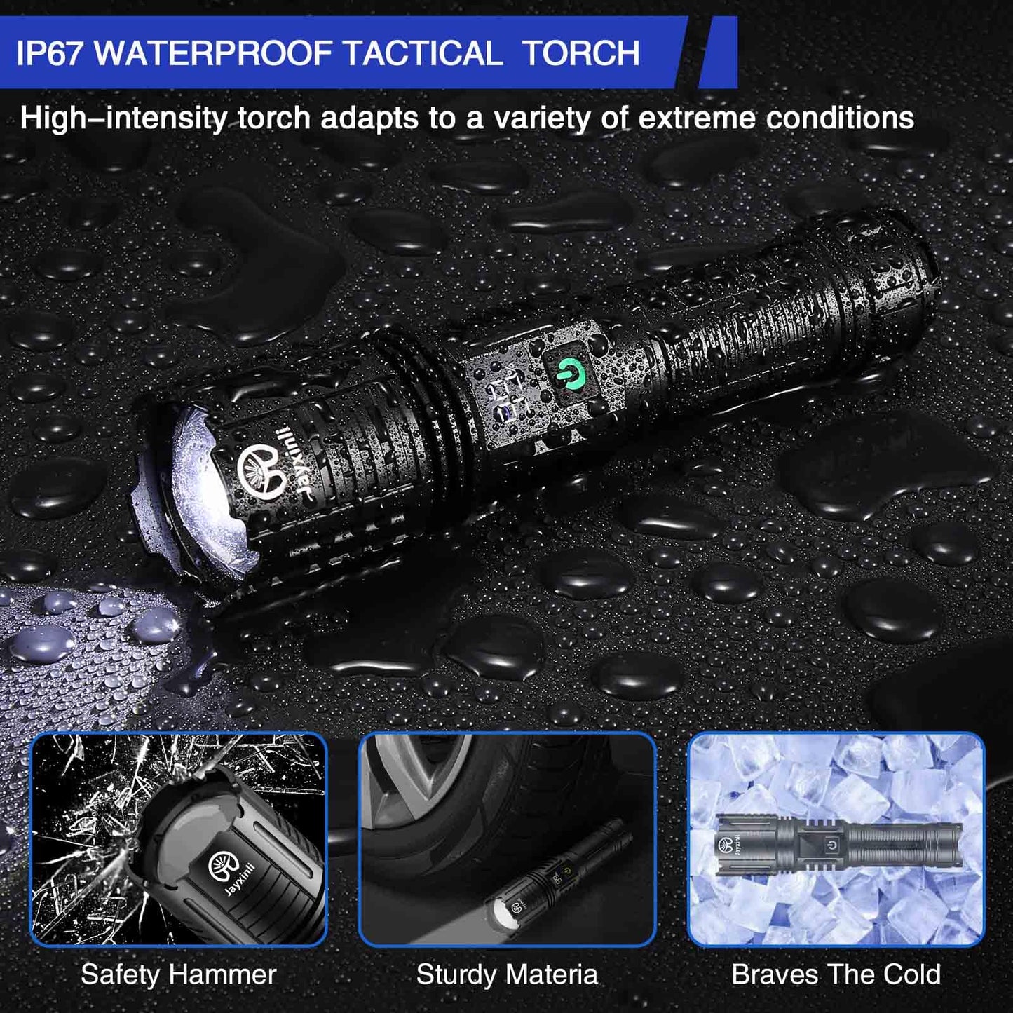Torches LED Super Bright 500000 Lumen Rechargeable with LCD Power Display and 5000 mAh, Zoomable, IP67, Powerful, 5 Light Modes, High Power Torch for Camping, Hiking, Dog Walking