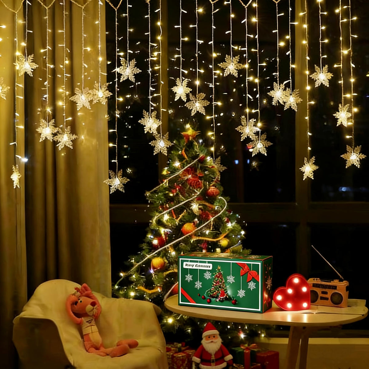 MBVBN LED Curtain Lights,19ft/6M 96 LED Snowflake Curtain String Lights Plug-in Window Curtain Lights with 8 Modes Decoration for Christmas, Wedding, Party,Wall, Home Decorations (Warm White)