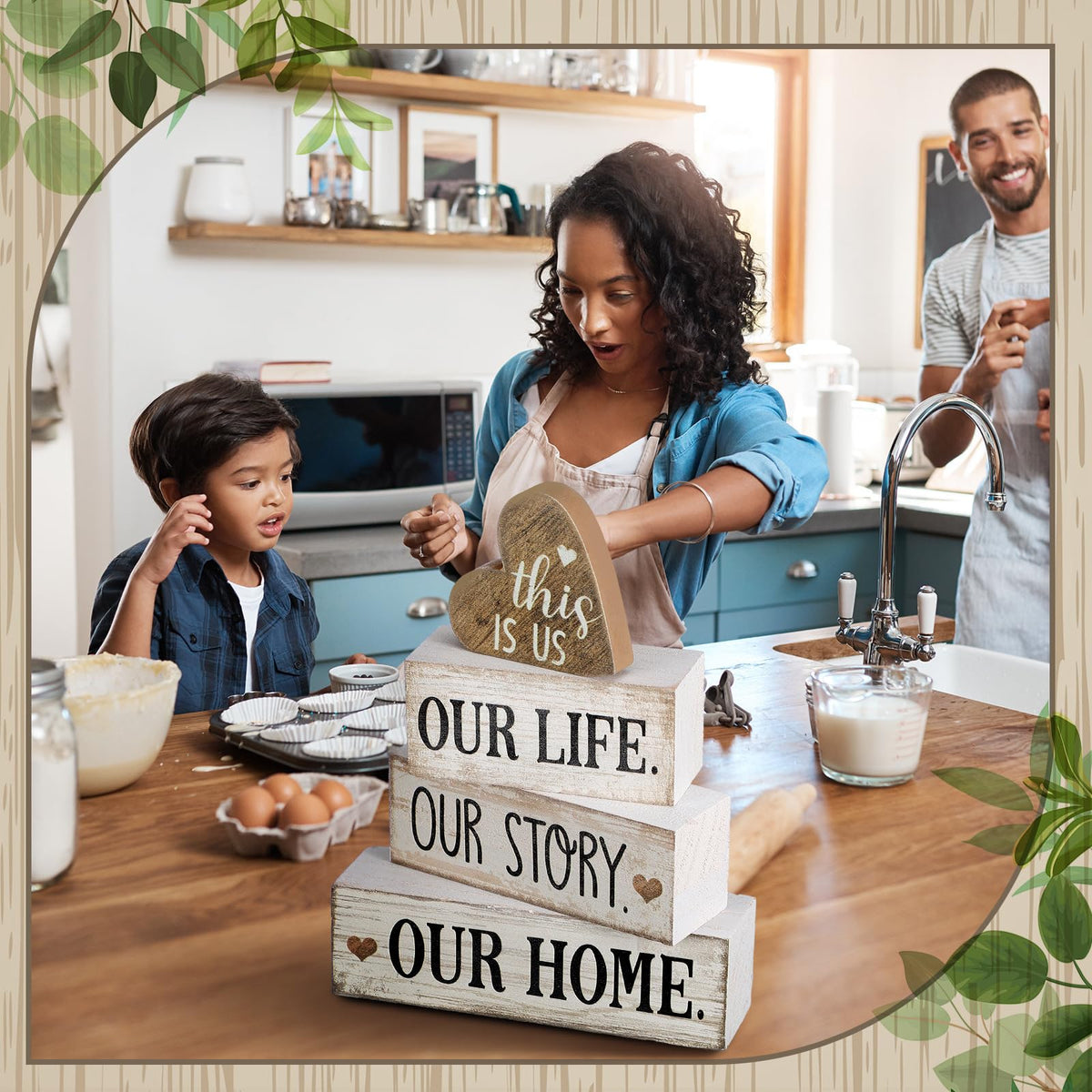 Conelist 4 Pcs Farmhouse Table Decoration Home Sweet Farmhouse Tiered Tray Decor This is Us Centerpiece Rustic Heart Boat Pink Bow Bless Block Sign Gift for Kitchen Table Kitchen Shelf (Heart)