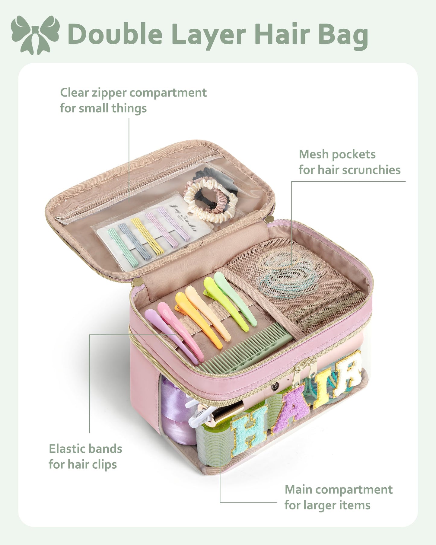 Fasrom Double Layer Hair Accessories Organizer, Preppy Patch Makeup Bag with HAIR Chenille Letter, Portable Travel Cosmetic Pouch Clear Toiletry Case for Women Girl, Pink(Bag Only, Patent Design)