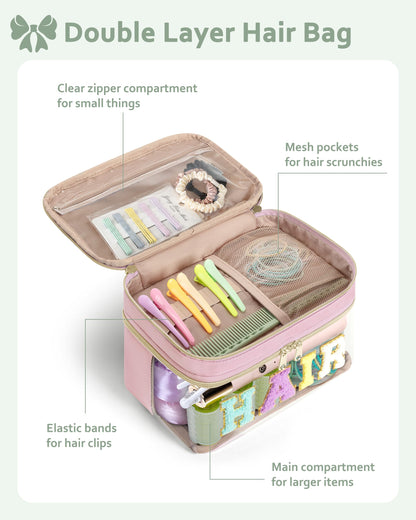 Fasrom Double Layer Hair Accessories Organizer, Preppy Patch Makeup Bag with HAIR Chenille Letter, Portable Travel Cosmetic Pouch Clear Toiletry Case for Women Girl, Pink(Bag Only, Patent Design)