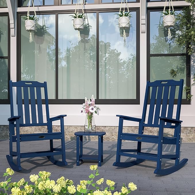 Oversized Rocking Chair Set of 4, Outdoor Rocking Chair for Adults, All Weather Resistant Porch Rocker for Lawn Garden, Navy Blue
