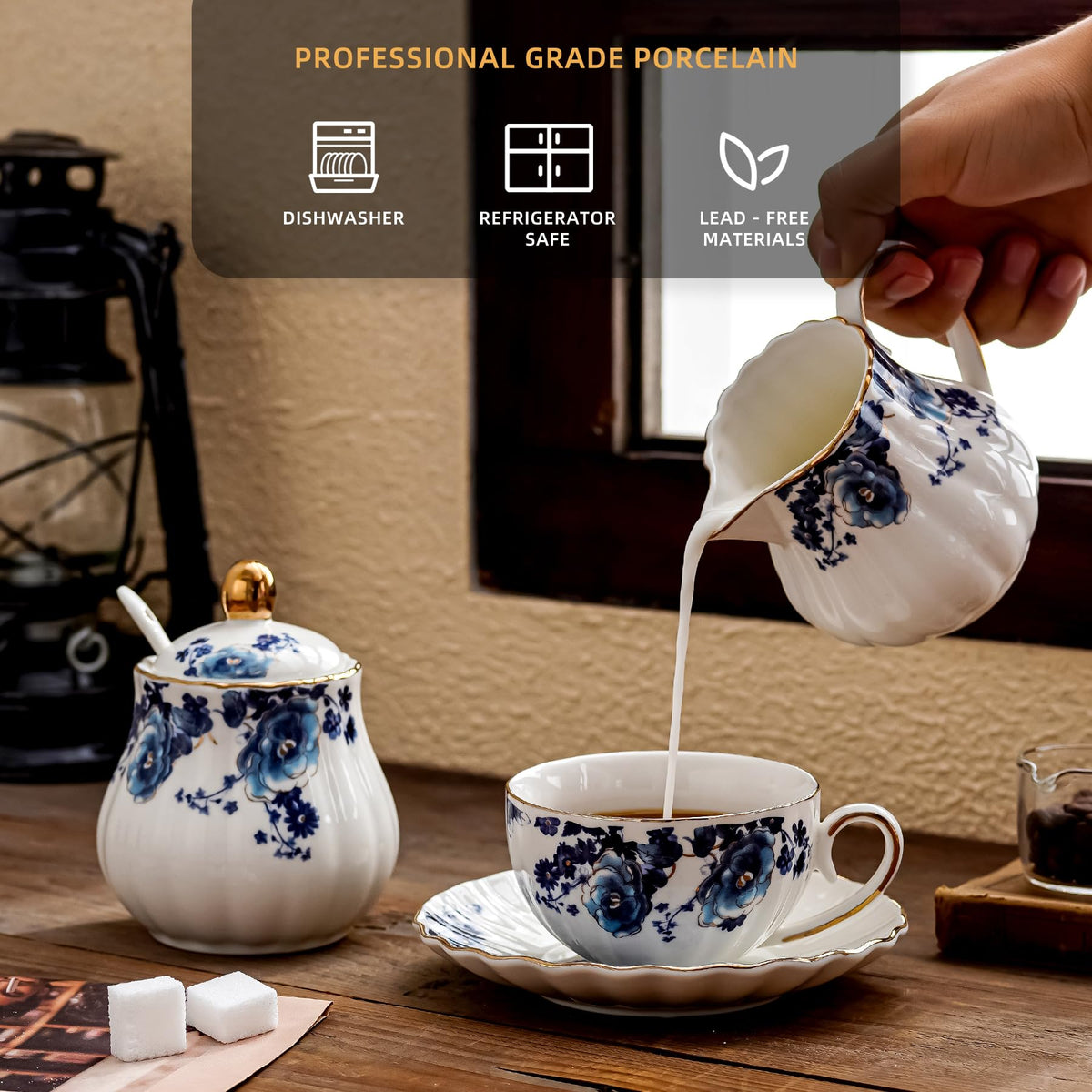 Agyiuns Ceramic Sugar and Creamer Set, 3 Piece with Cream Pitcher, Sugar Bowl with Lid and Spoon,Coffee and Tea Serving Set (White with blue flower)