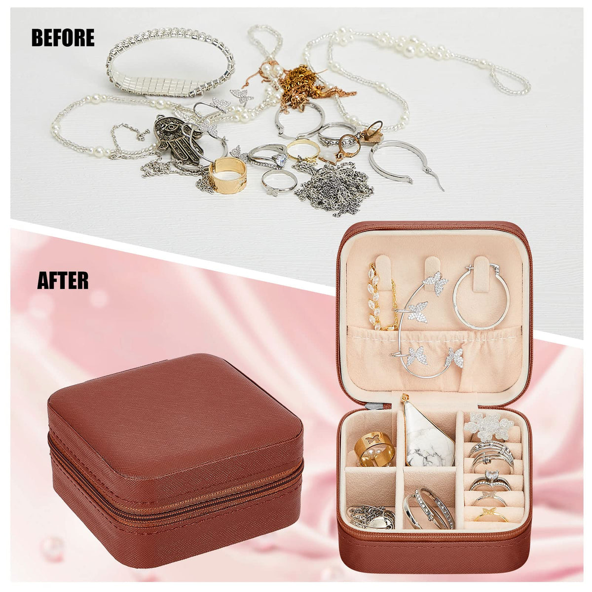 Taiyin 12 Pcs Travel Jewelry Case, Valentines Day Gifts for Her- Small Jewelry Organizer Box Bridesmaid Gifts for Women Girls (Brown)