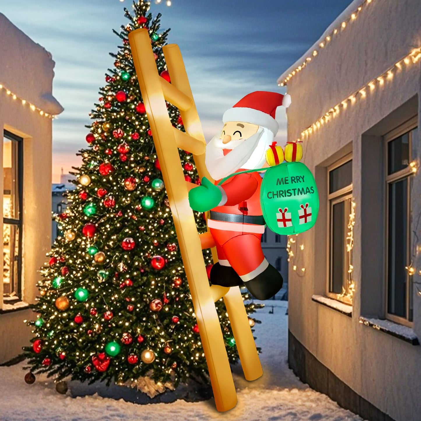8FT Hanging Christmas Inflatable Santa 8FT Santa Claus Climbing Ladder Inflatables Christmas Outdoor Decoration Xmas Santa Blow Up Decor with Built-in 9 LEDs for Yard Garden Lawn(with Storage Bag)