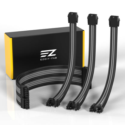 EZDIY-FAB PSU Extension Cable Sleeved Custom Mod PC Power Supply Cable, Soft Nylon Braided with Comb Kit 24PIN/8PIN to 6+2Pin/ 8PIN to 4+4PIN-30CM 300MM - Black Grey