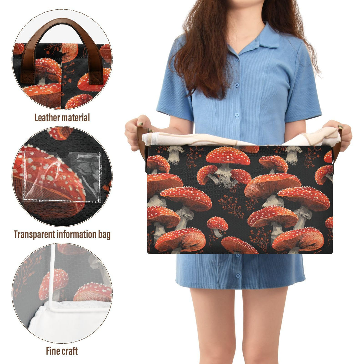 Red Mushrooms Amanita Mushroom Storage Basket Foldable Cube Storage Bins with Handles&Label Waterproof Collapsible Organizer Box Bin Large Rectangle Decorative Baskets for Shelves Home Room Laundry