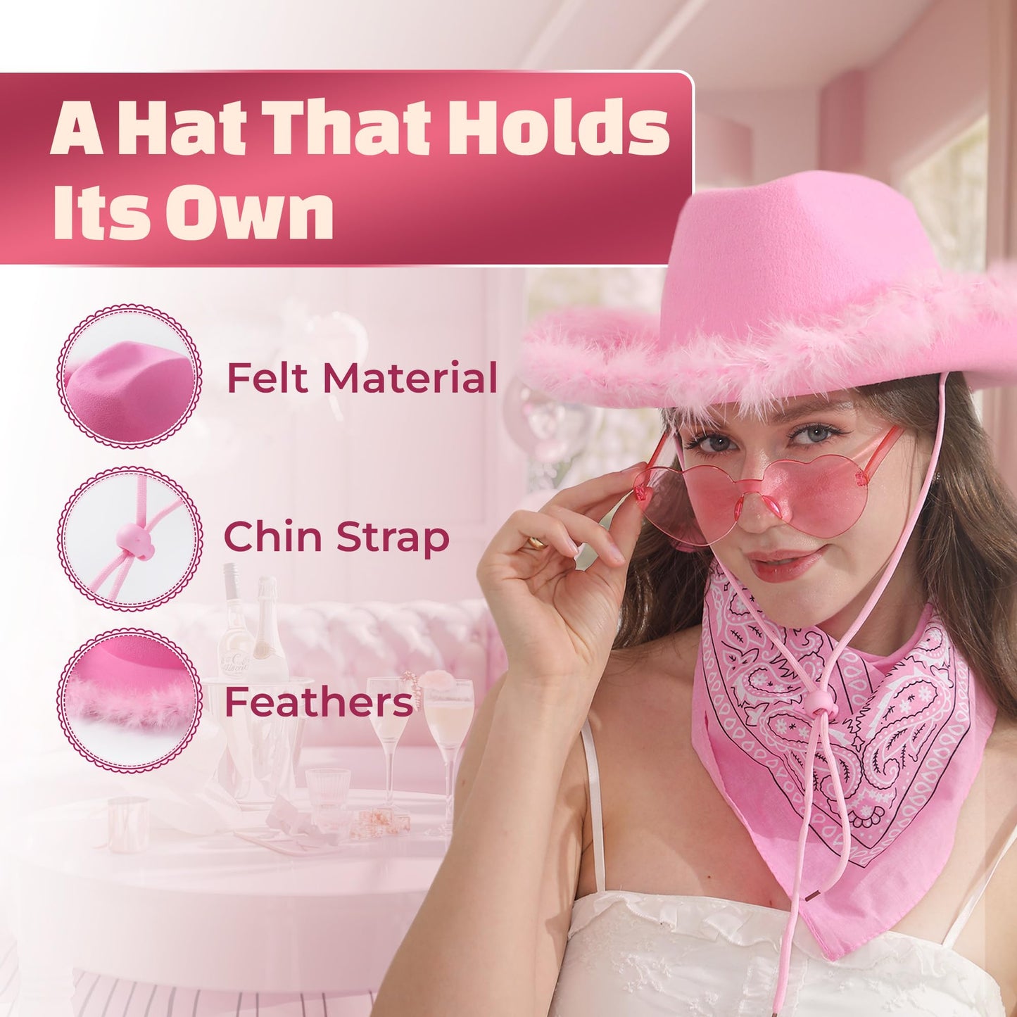Pink Cowgirl Hat with Bandana and Heart Glasses - Pink Cowboy Hat for Women, Teen Girls - Fun Novelty Cow Girl with Feathers - Wild West Cowgirl Costume Outfit Accessory for Halloween Party