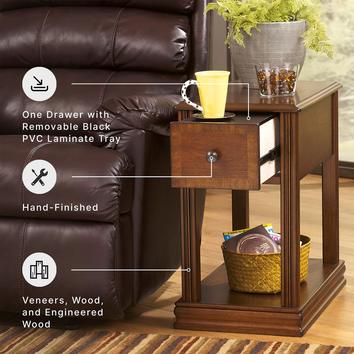 Signature Design by Ashley Breegin Chair Side End Table, 1 Drawer, 1 Fixed Shelf, Veneers, Wood, 13.13" W x 22.13" D x 23" H, Brown