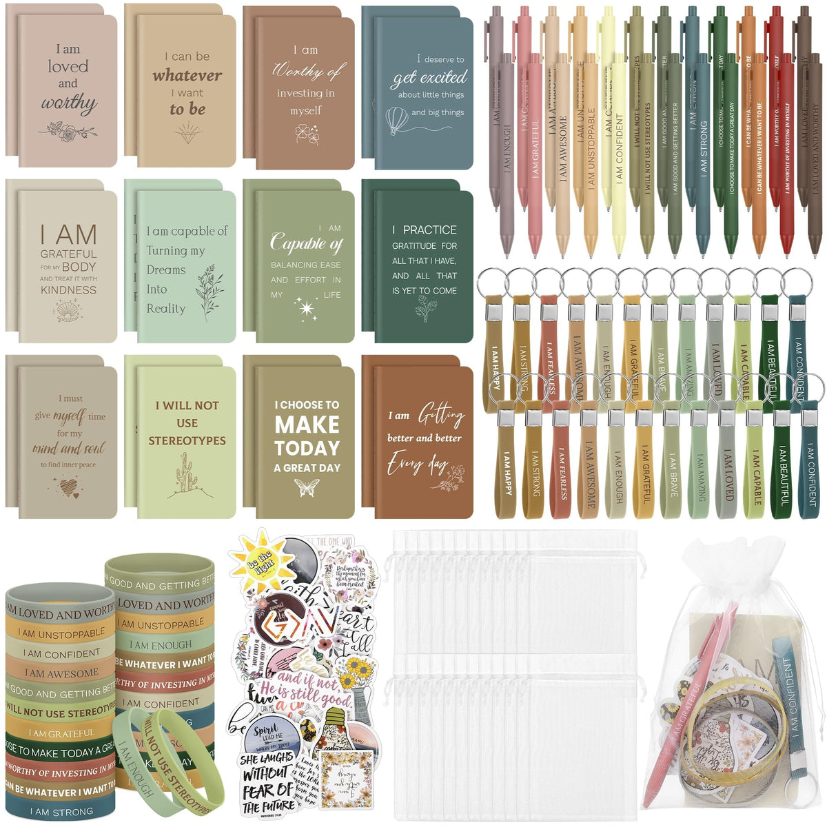 Aodaer 170 Pieces Positive Affirmation Gifts Set Motivational Quote Notebooks with Inspirational Pens Silicone Bracelets Keychains Stickers Organza Bags for School Office Party Favor Supply, Morandi