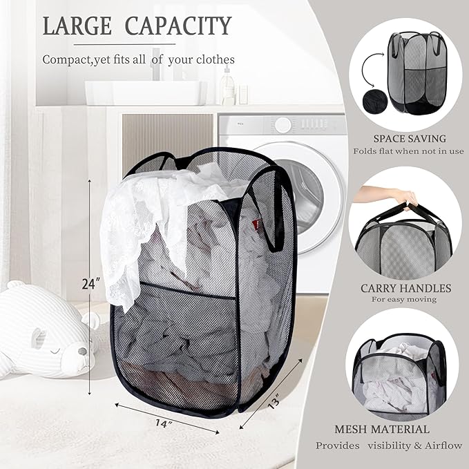 2 Pack Laundry Basket, Foldable Mesh Pop-up Laundry Hamper