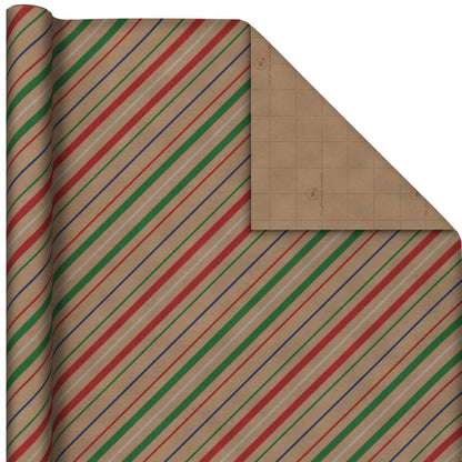 Hallmark Recyclable Christmas Wrapping Paper for Kids with Cut Lines on Reverse (4 Rolls: 88 sq. ft. ttl) Kraft Brown with Christmas Lights, Deer, Snowflakes, Red, Green, Blue Stripes (0005JXW1212)
