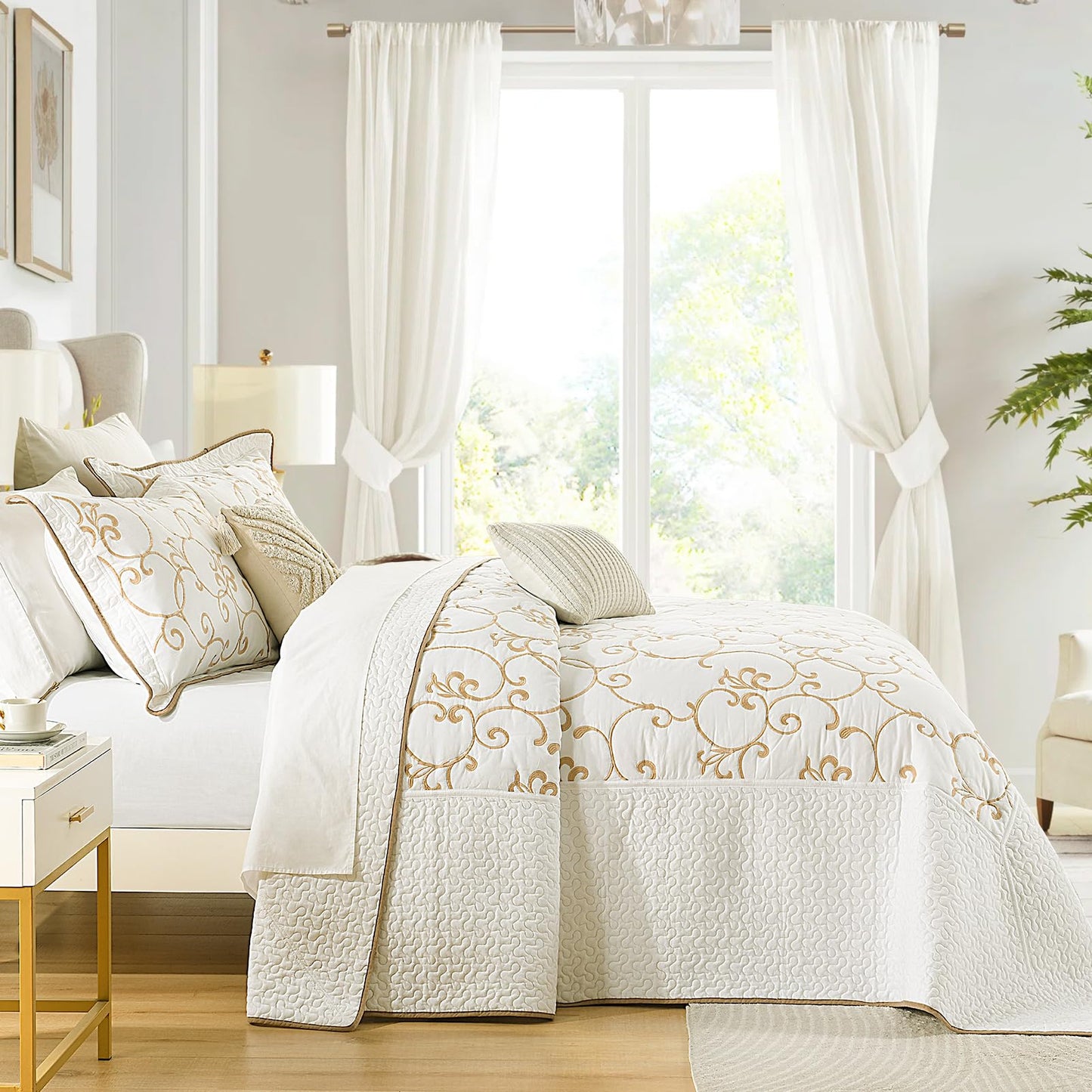 FineStichery 100% Cotton Oversized Bedspread Quilt Coverlet Set, 120"x102" Extra Large Queen Bedspreads with Pillow Shams, Lightweight Embroidered Bedding Cover 3 Piece, Beige/White