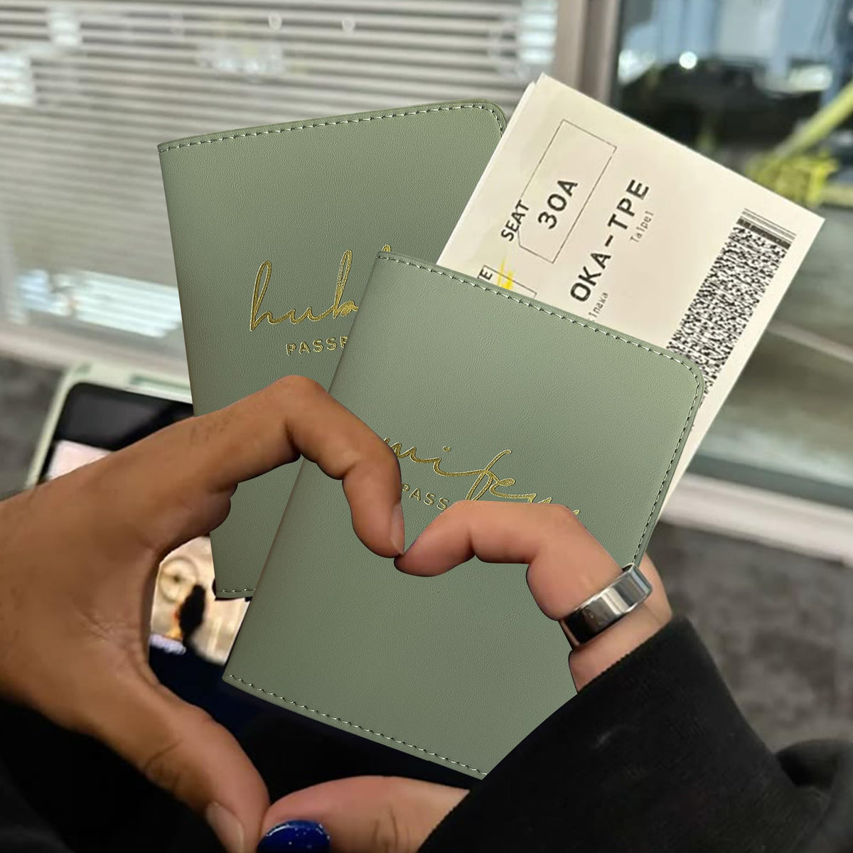 Mr&Mrs Gifts Matching Passport Covers for Mr and Mrs, Husband and Wife Gifts Passport Holders, Engagement Gifts for Couples, Honeymoon Travel Essentials Gift for Newlyweds(HW Sage Green)