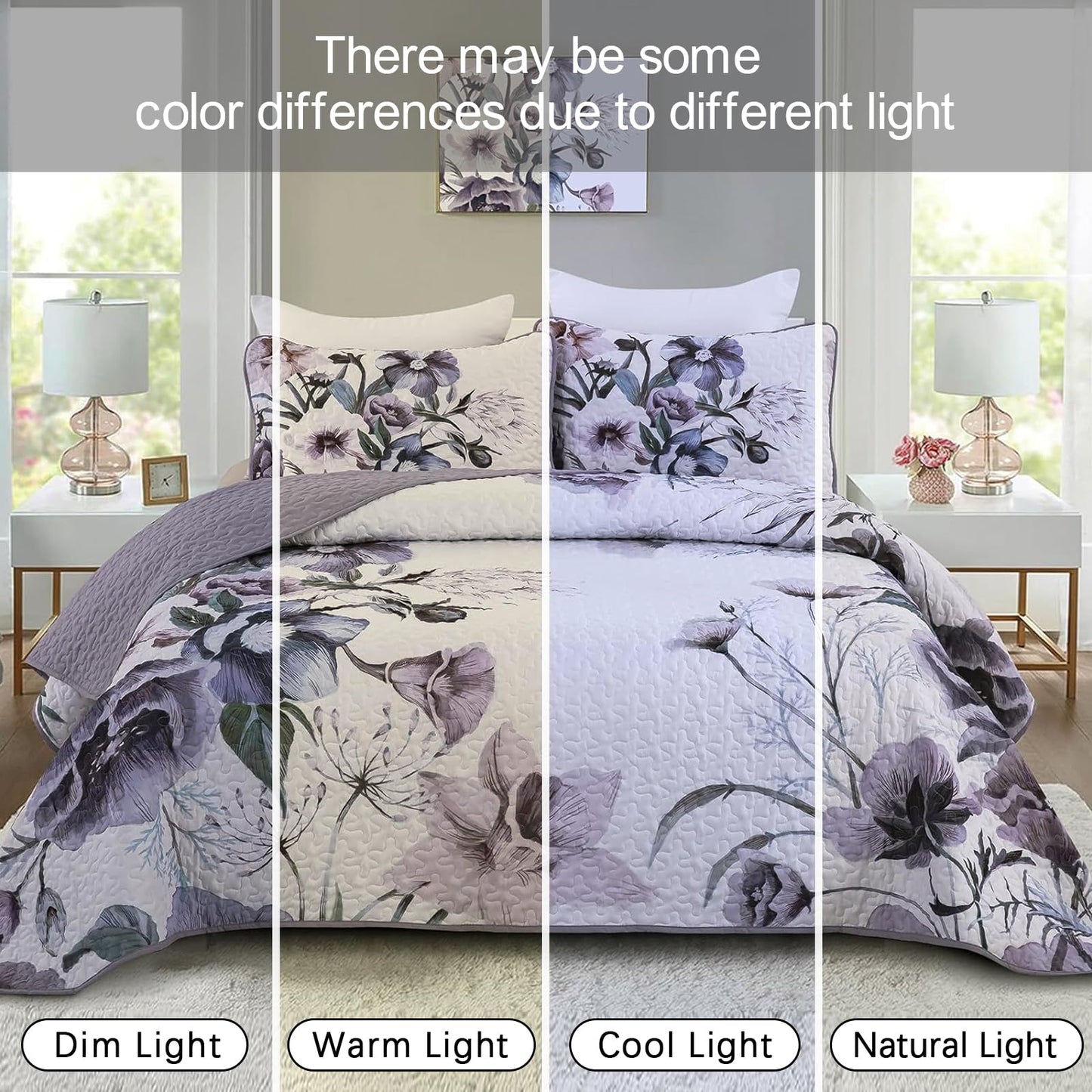 3 Pieces Floral Quilt Set Full Purple Flower Pattern Quilt Coverlet Set Soft Microfiber Lightweight Boho Purple Floral Quilted Bedspread for All Season 80"x90"