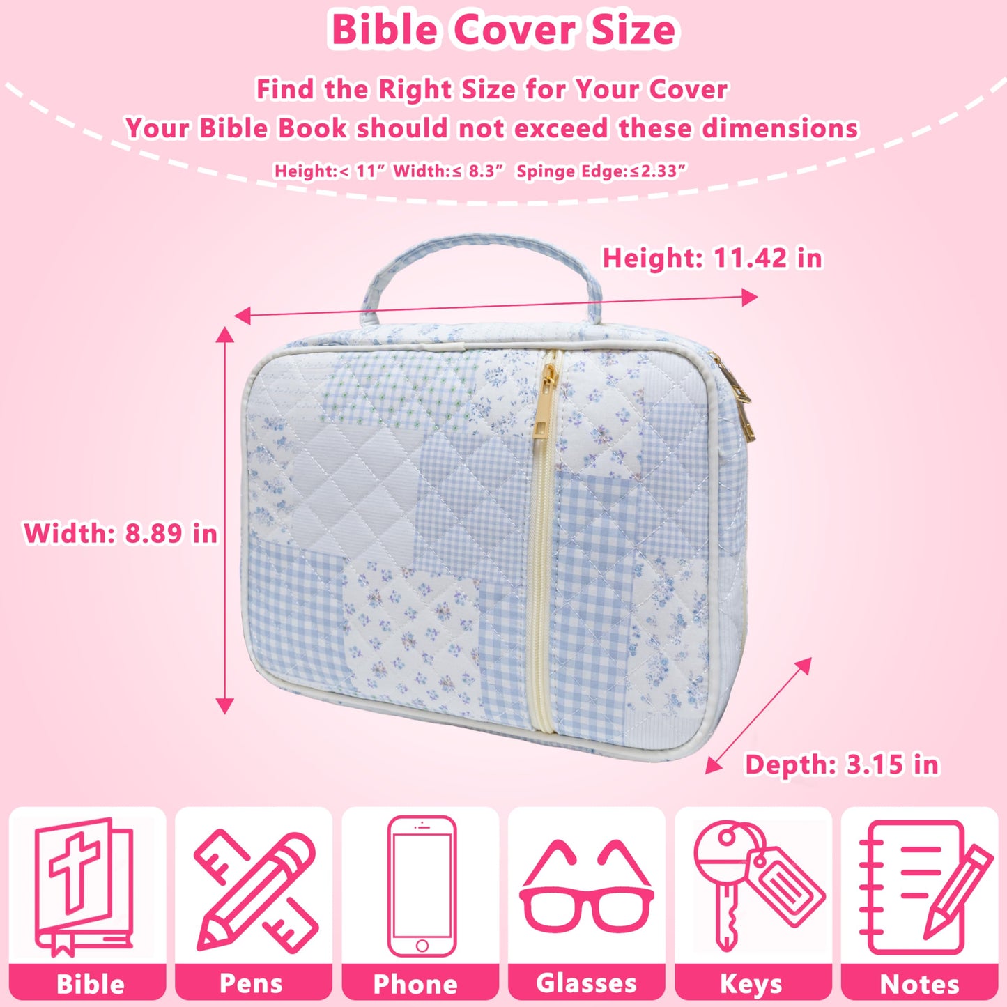 CasaRovela Bible Cover for Women, Large Quilted Case with Handle, Durable Bag and Carrying Case for Girls, Study Supplies Accessories, Christian Gift for Women (Blue Spliced Flower, Large)