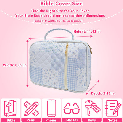 CasaRovela Bible Cover for Women, Large Quilted Case with Handle, Durable Bag and Carrying Case for Girls, Study Supplies Accessories, Christian Gift for Women (Blue Spliced Flower, Large)