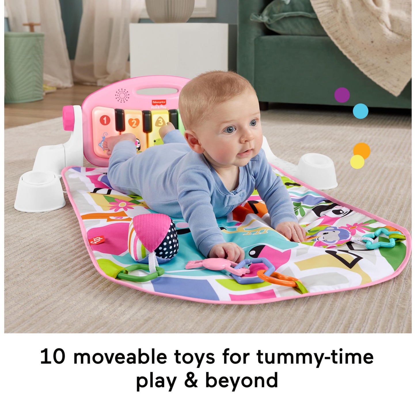 Fisher-Price Baby Activity Mat Glow and Grow Kick & Play Piano Gym, Portable Musical Toy with Smart Stages Learning, Ages 0+ Months, Pink, Queens English Version, HYH63