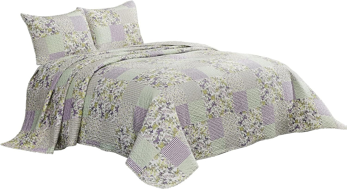 Chezmoi Collection Daisy 3-Piece Printed Patchwork Quilt Set - Purple Butterfly Botanical Candy Stripe Checkered Coverlet - Pre-Washed Microfiber Lightweight Reversible Bedspread, Full Size