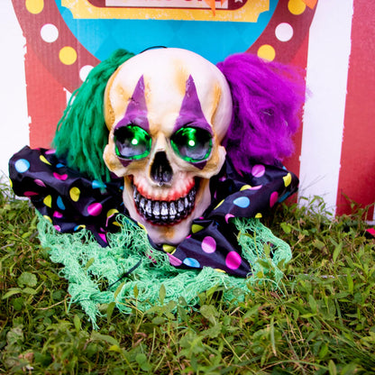 Haunted Hill Farm Scary Talking Groundbreaker Skeleton Clown Halloween Prop with Touch Activated Lights and Sounds, Battery Operated, Poseable Indoor or Covered Outdoor Halloween Decorations for Home