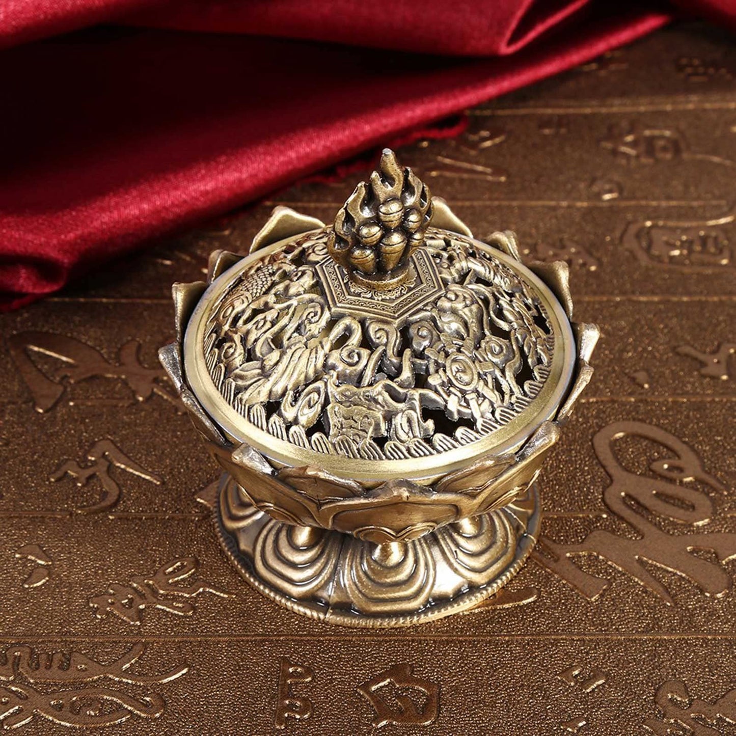 Vintage Backflow Incense Burner Bowl, Lotus Incense Holder Charcoal Censer Ash Catcher Stick Cone Reel Incense for Powder Cone or Coil Incense (Bronze)