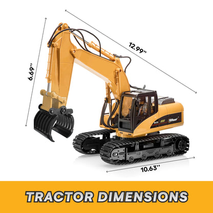 Top Race Remote Control Digger Excavator 15 Channel Professional 1:14 Construction Toy with Lights and Sound - Boys and Girls, Age 12+