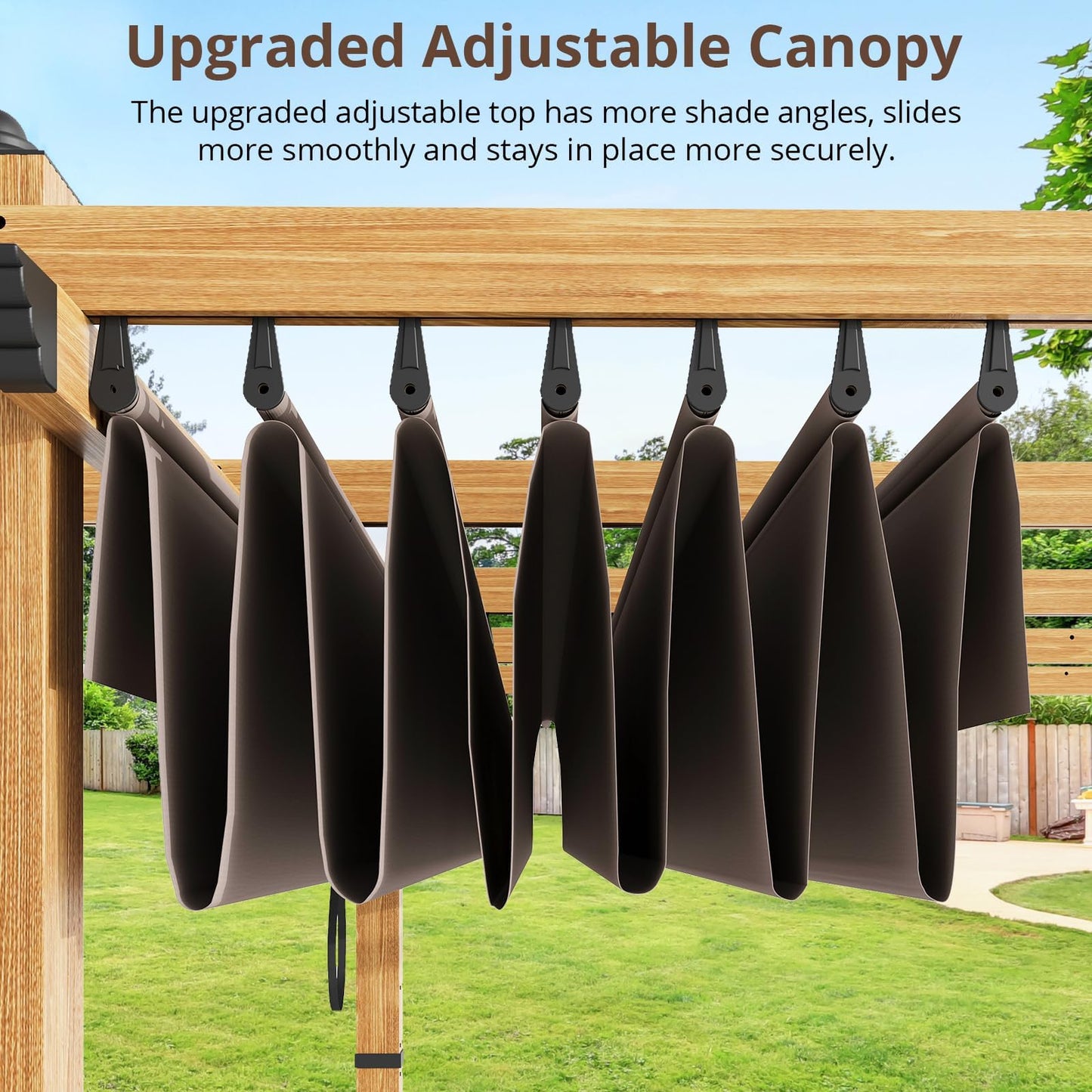 Modern 10x10FT Aluminum Pergola Outdoor Pergola Gazebo, Retractable Sun Shade, Faux Woodgrain, Pergolas for Patios, Deck, Garden, Easy Setup, All-Weather Trellis,Khaki, Imitation Wood Grain Column