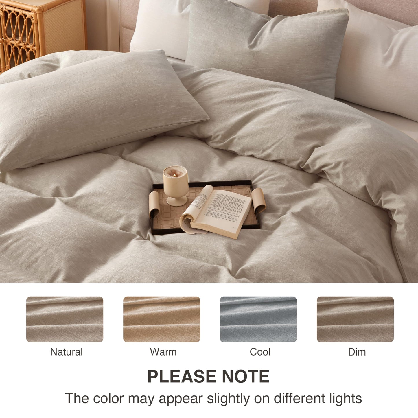 BFS HOME Linen Duvet Cover Queen Size - Soft Breathable Cotton Linen Blend, 3-Pieces Bedding Set with 2 Pillowcases, Stonewashed Texture, Khaki, All-Season Comfort
