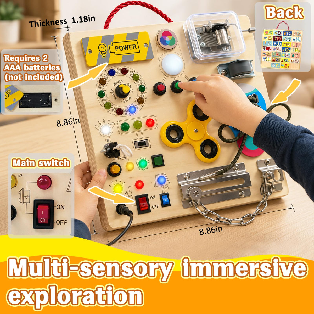 Busy Board with LED Light Switches, Montessori Toys for Toddlers 1-3, Wooden Sensory Activity Board, Travel Learning Toy for Boys & Girls, Educational Fidget Busy Board Gift for 1 2 3 Year Old Kids