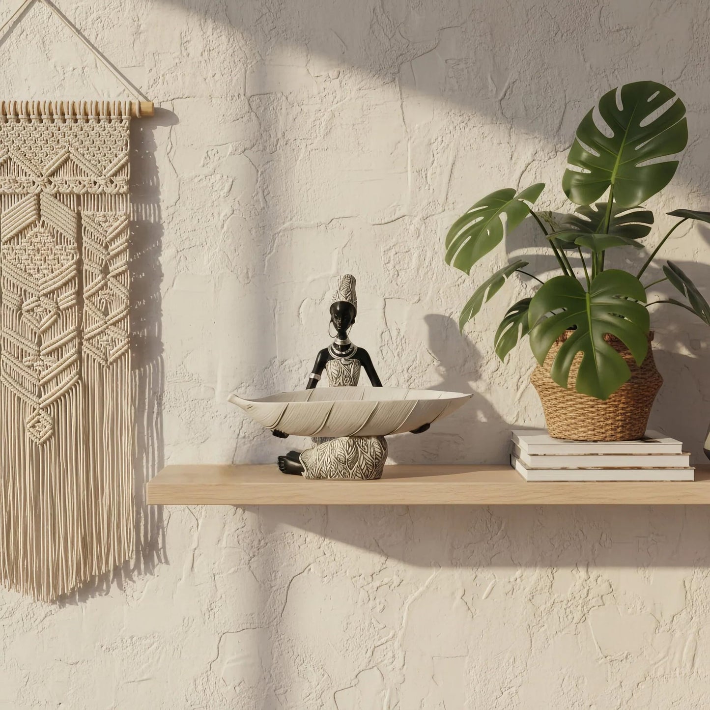 Lescafita African Woman Resin Tray Figurine, White Leaf Decorative Bowl Sculpture, Boho Tribal Art Statue for Jewelry Storage and Home Decor