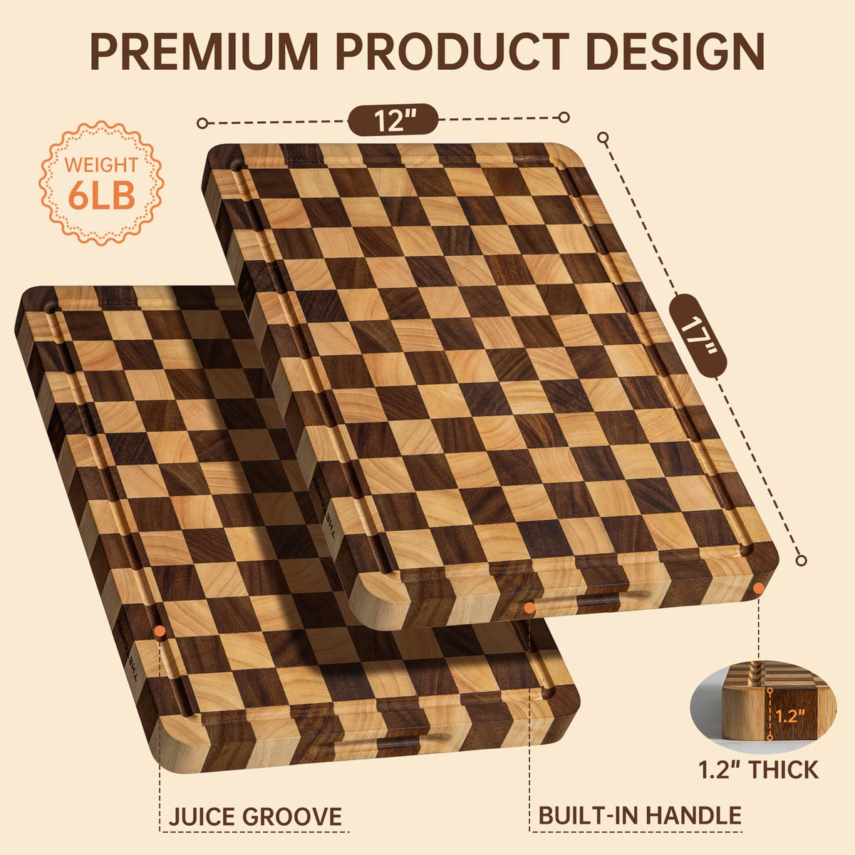 FYCTIO Wooden Cutting Boards for Kitchen, Checkered Cutting Board 1.2" Thickened, Walnut Chopping Board with Juice Grooves & Handles, Double-sided Butcher Block with Gift Box, 17" x 12"