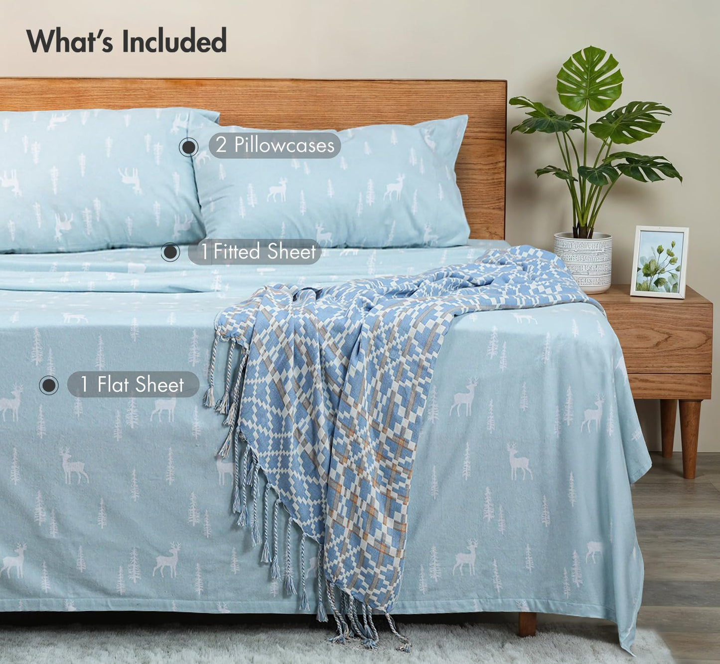 RUVANTI Flannel Sheets Queen Size - GOTS Certified 100% Organic Cotton, 4 Piece Warm, Soft & Breathable Set, Deep Pocket Snug Fit, Double Brushed Cozy All Season Bedding, Blue Pine