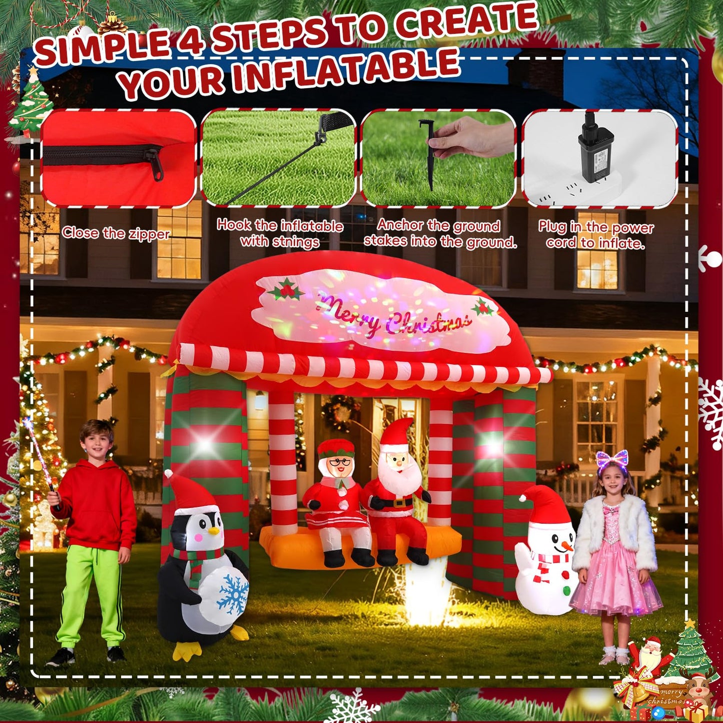 10FT Santa Claus Swing Outdoor Inflatable with Rotating LED Lights for Christmas Holiday Party Decoration, Winter Garden Decoration