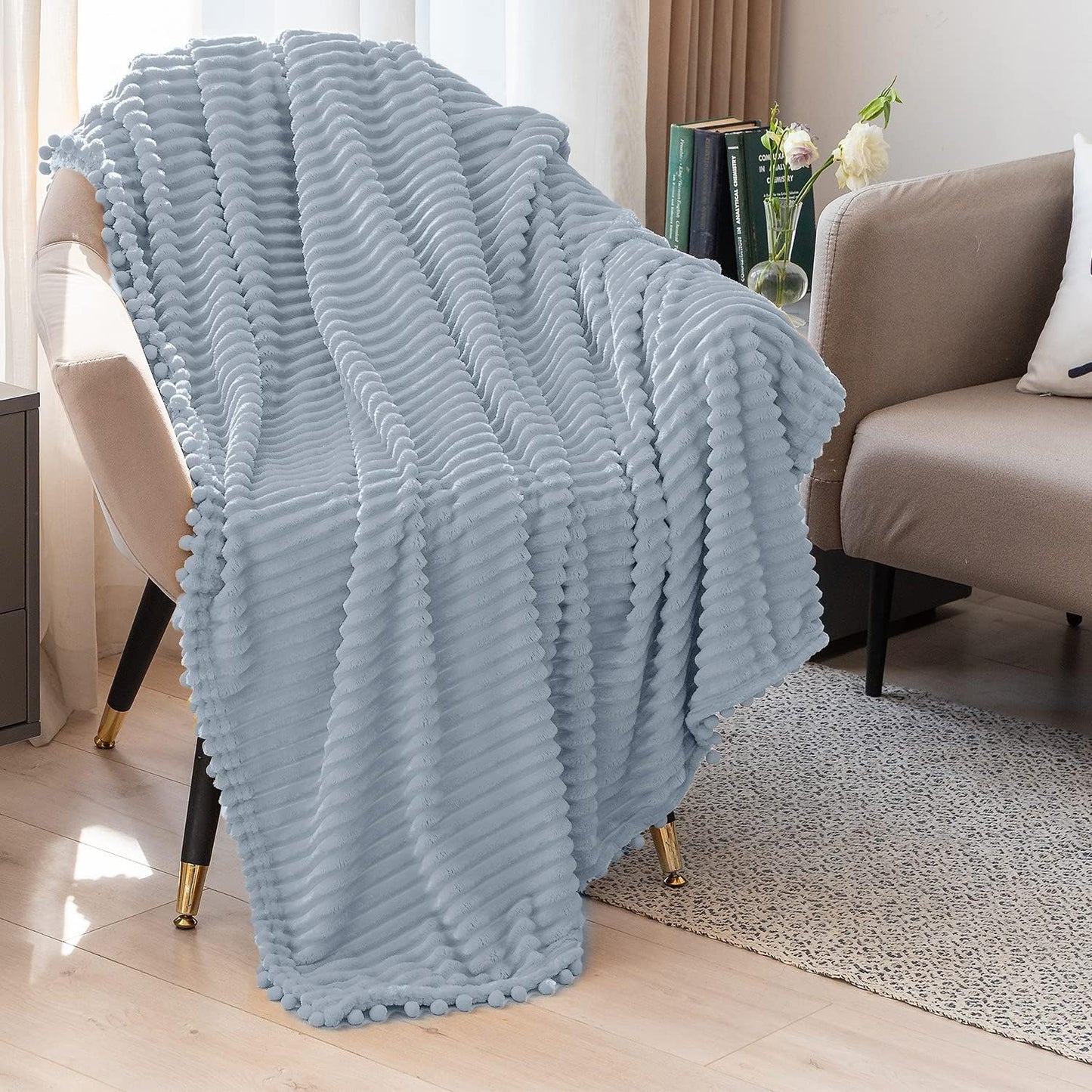 DISSA Fleece Blanket Twin Size – 60x80, Grey – Soft, Plush, Fluffy, Fuzzy, Warm, Cozy – Perfect Throw for Couch, Bed, Sofa - with Pompom Fringe - Flannel Blanket