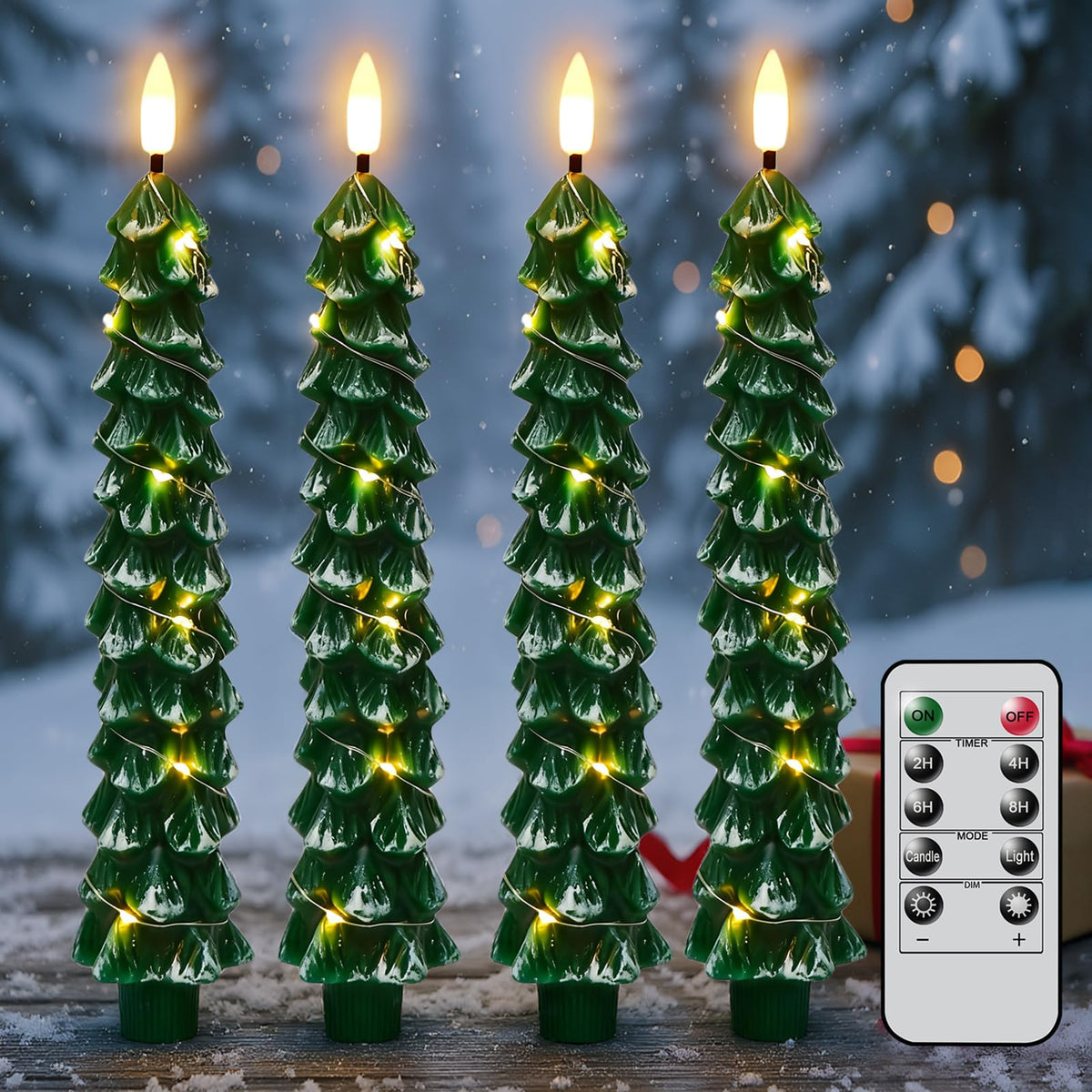 KunSwenn Christmas Tree Candles with Remote, Snowy Waxy Christmas Tree Flameless Taper Candles Battery Operated with String Lights, Set of 4 LED Tree Candlesticks for Xmas Winter Décor